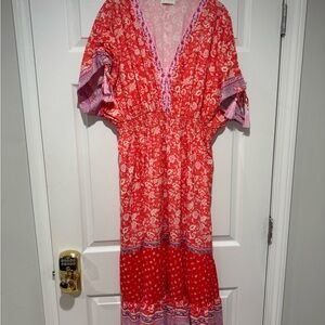 Boho Red Floral Maxi Dress with V-Neck and Elastic Waist